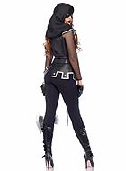 Female medieval executioner, catsuit costume, hood, fishnet sleeves